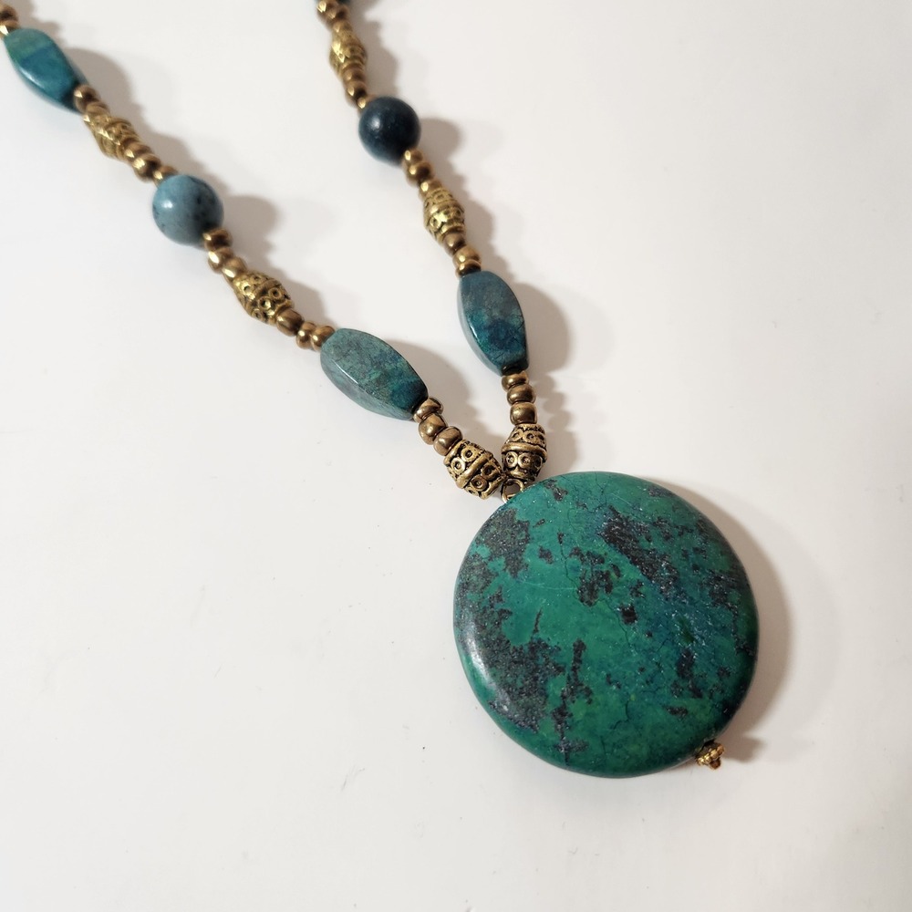 Boho Teal chrysocolla Statement Necklace Brass Filigree Beads Lobster Clasp 20in